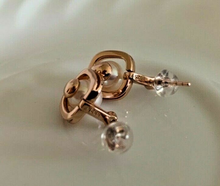 Superb luster fresh water akoya 6-7mm Pearl earrings Rose gold plated Silver 925