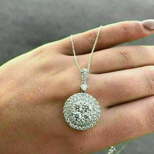 Brilliant 2.00Ct Round Simulated Diamond Cluster Pendant 14K White Gold Plated