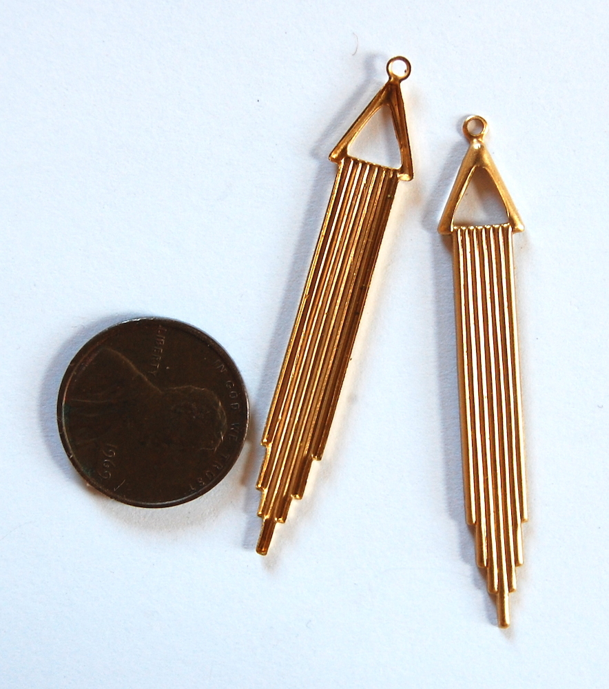 4 RAW BRASS REPRO STAMPING PENDANT BEADS ART DECO FRINGE LONG BEAD