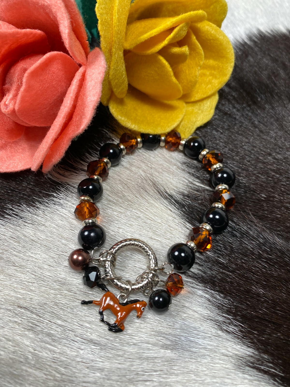 Horse Bracelet Cowgirl Charm Bracelet Brown Beaded Stretch Bracelet Dangle