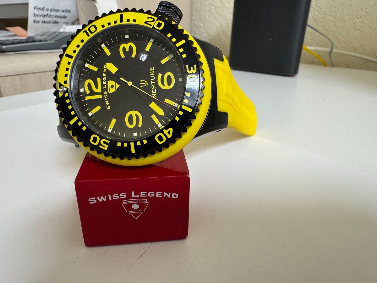 Swiss Legend Men’s 21818P Neptune Black Dial Silicone Yellow band 52m Watch