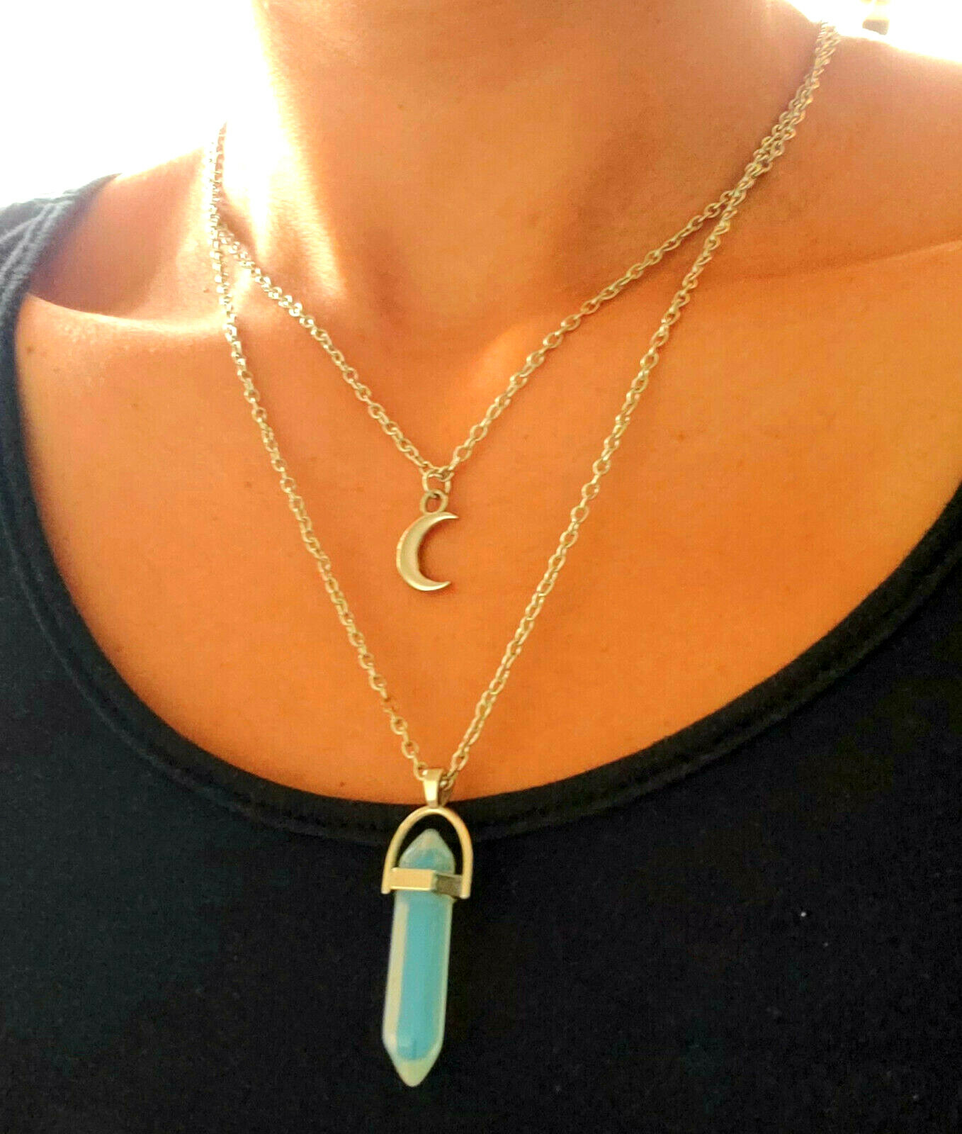 Healing Crystal Necklace Layered Moon Pendent. Women & Girls/Christmas Present!