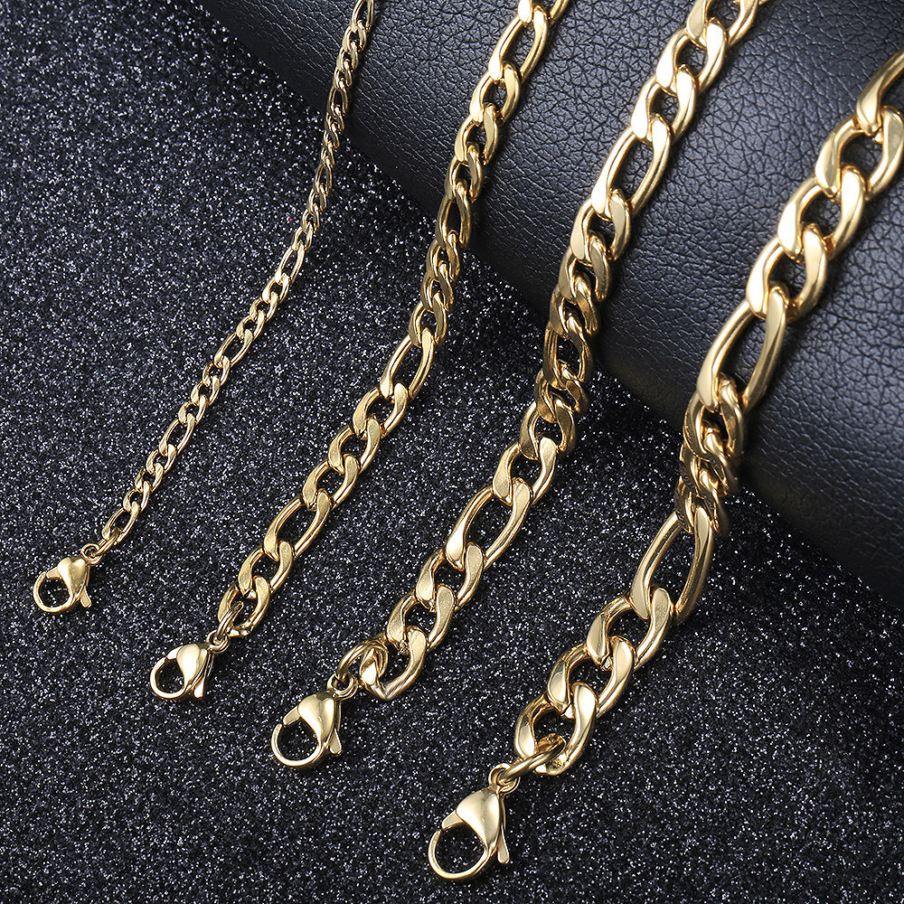 3/5/7/9mm Gold Plated Stainless Steel Figaro Chain Bracelet New Style Jewelry