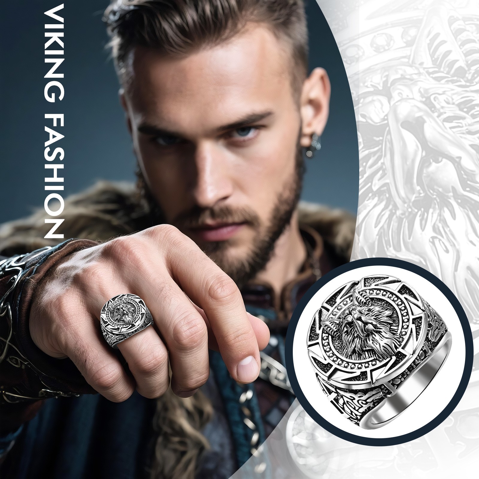 Mens Viking Wolf Biker Ring Stainless Steel Signet Wedding Band Size 7-13