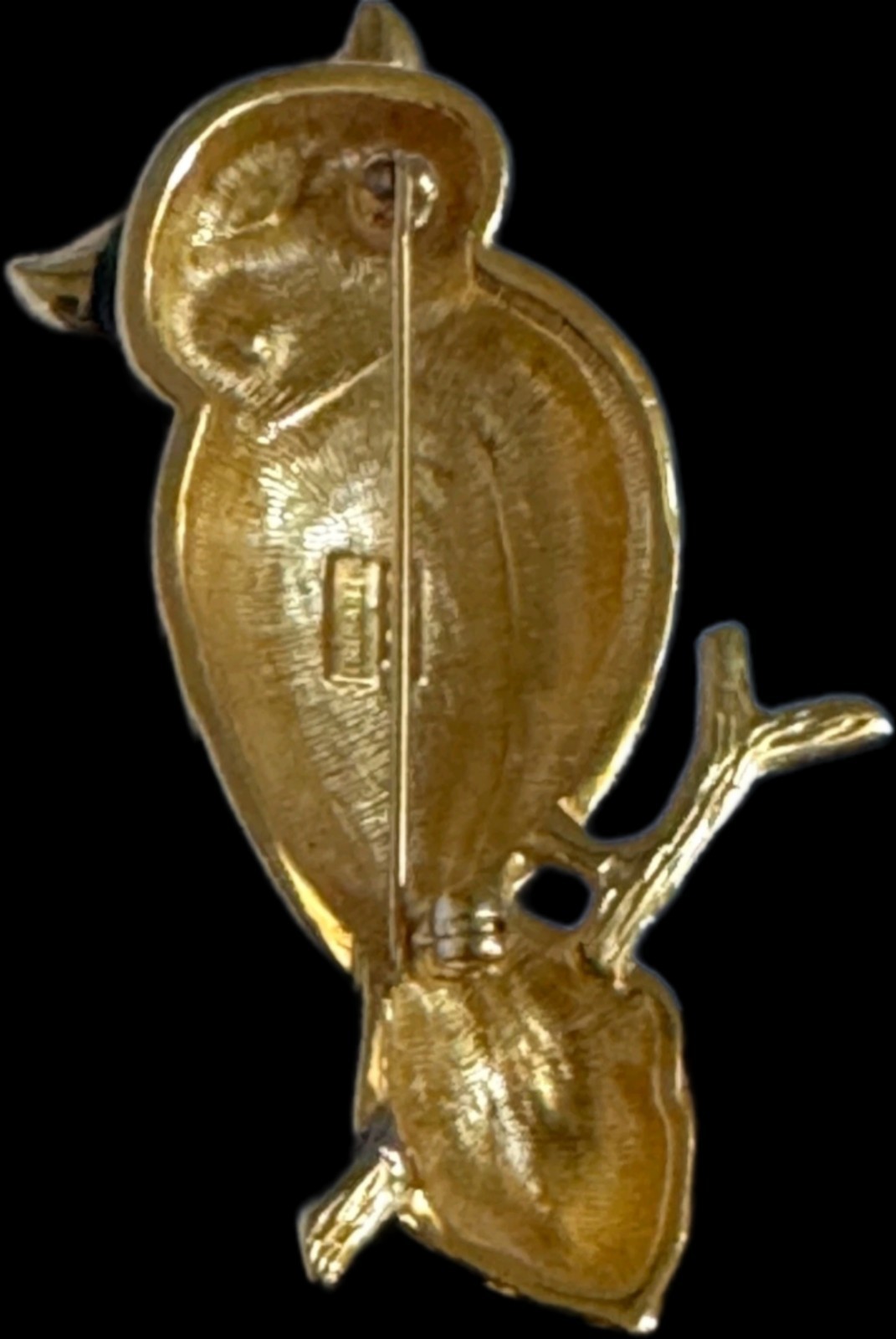 Vintage 1998 Signed Trifari Owl Brooch Gold Tone Enamel Green Eyes Rhinestones