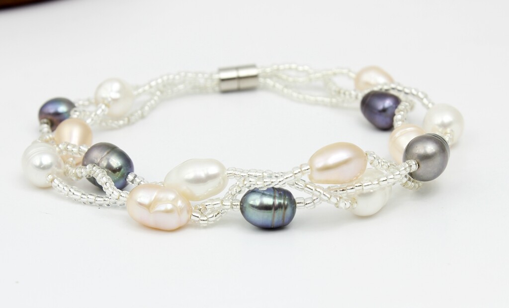 Women Real Black Pearl / Pink /White Pearl Twist Bead Mix Pearl Bracelet 7.5″