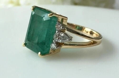 4.90 Ct Green Emerald Art Deco Vintage Engagement Ring 14K Yellow Gold Over