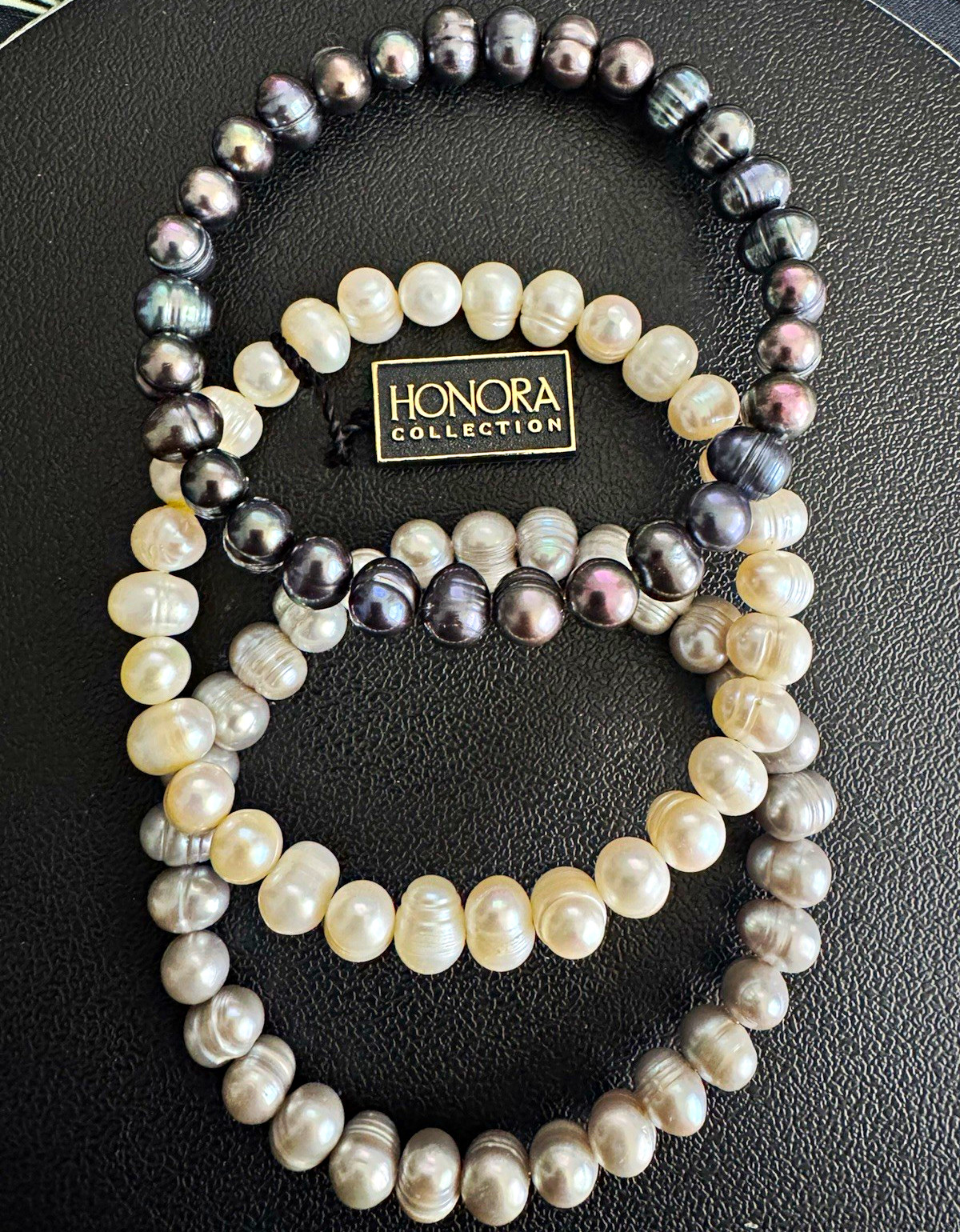Honora Baroque Pearl Beaded Stretch Bracelet Set of 3 Stackable Black/Gray/White
