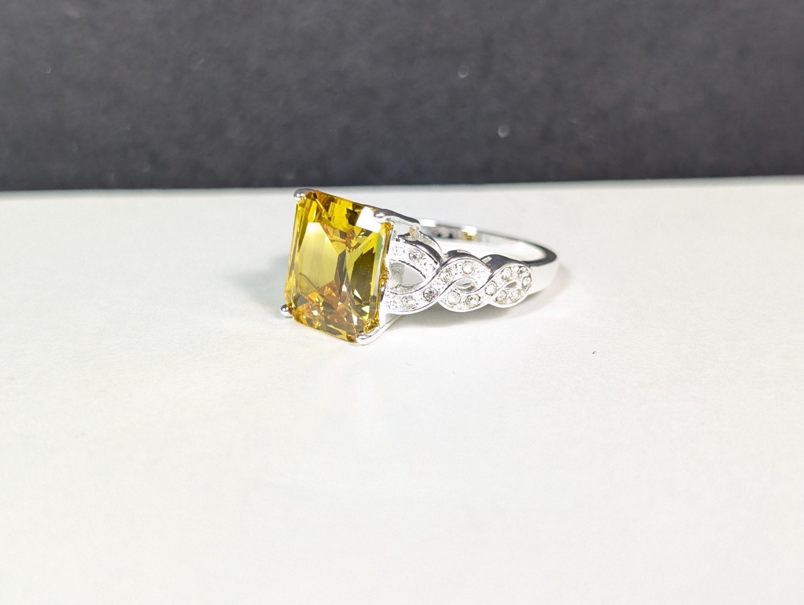 Faux Citrine Colored Gemstone Ring Silver Tone Rhinestone Size 8 Emerald Cut