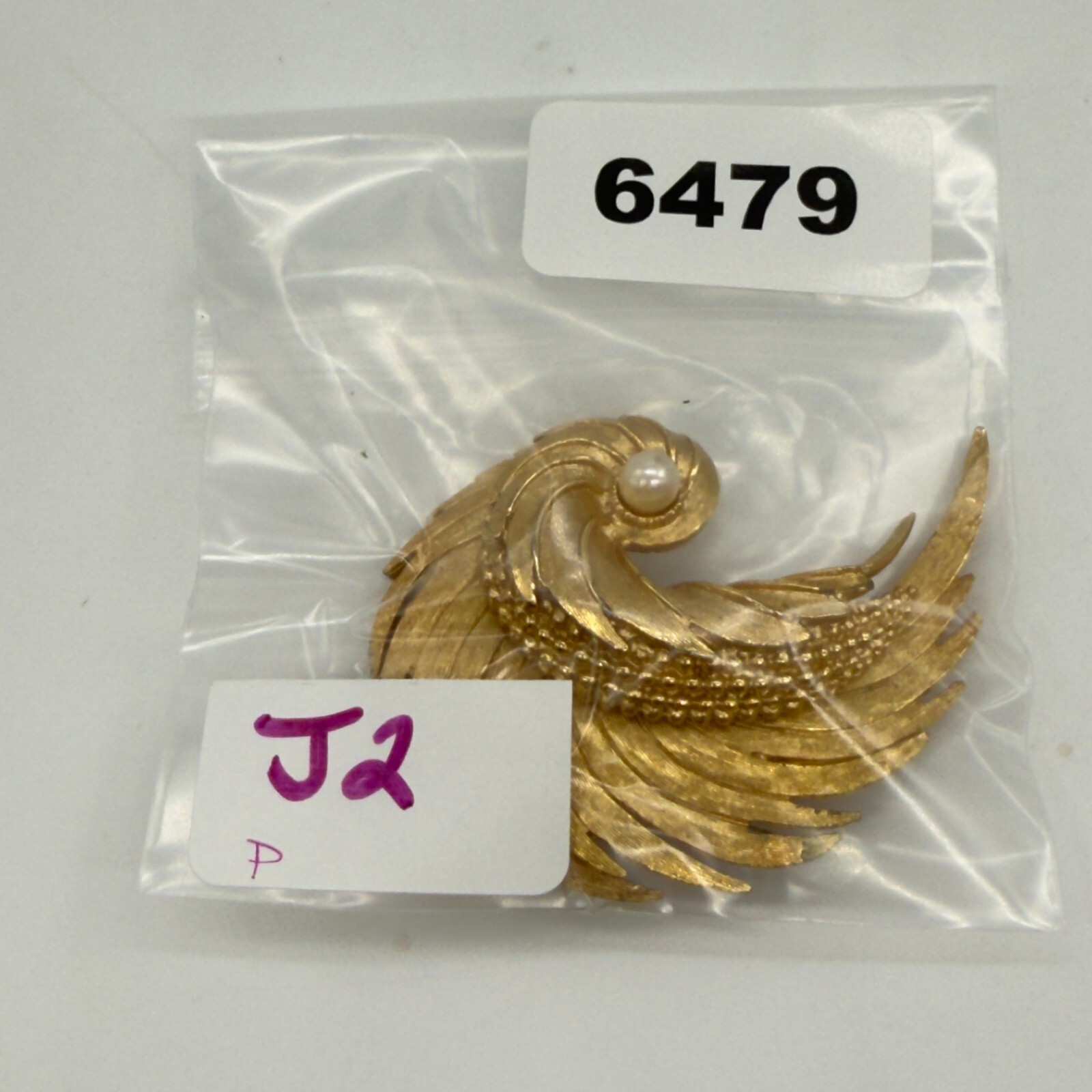 Vintage Boucher Brooch Gold Tone Feather Pearl READ