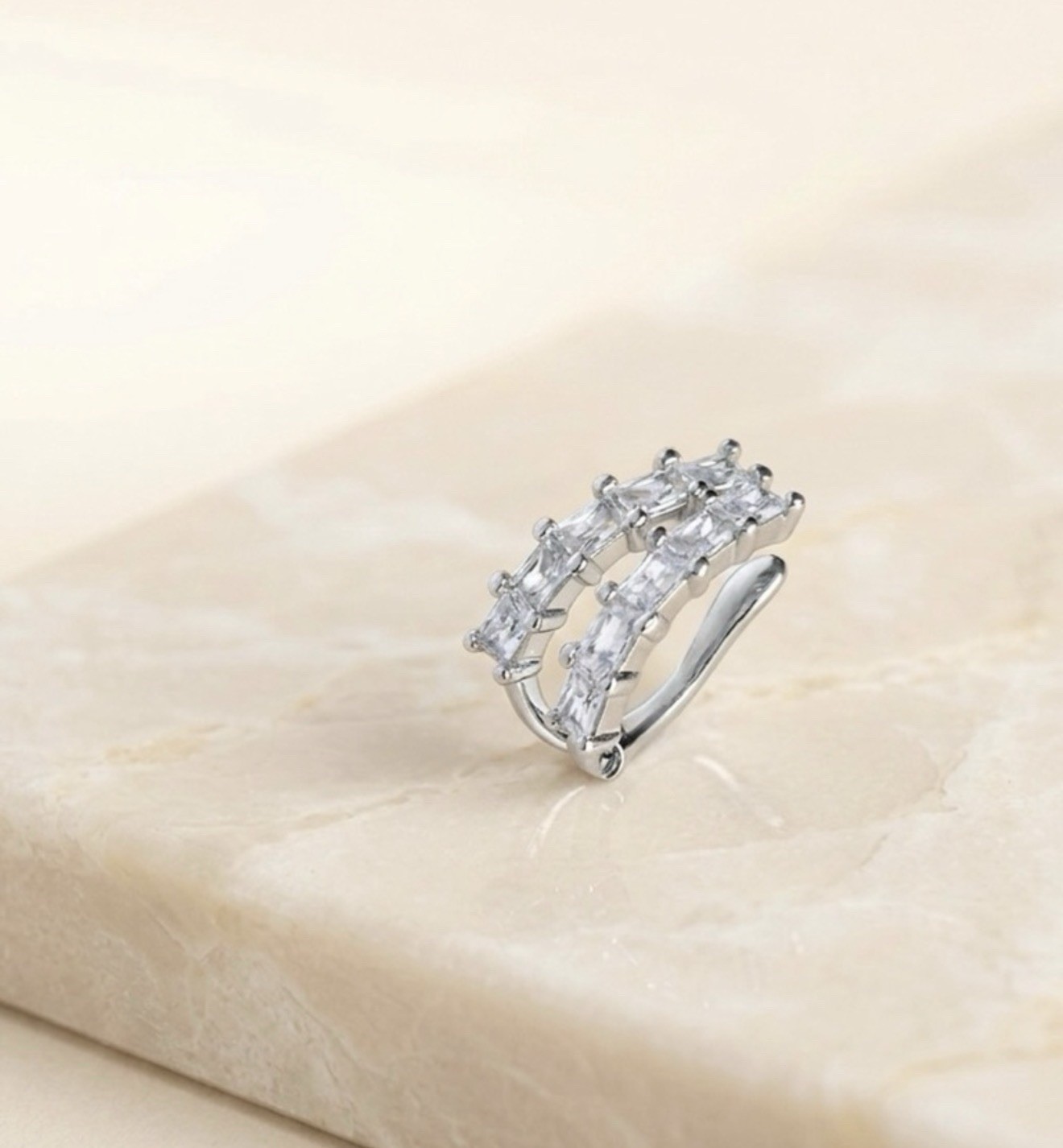 Platinum Plated Baguette Cut Zirconia Double Row Ear Cuff | No Piercing