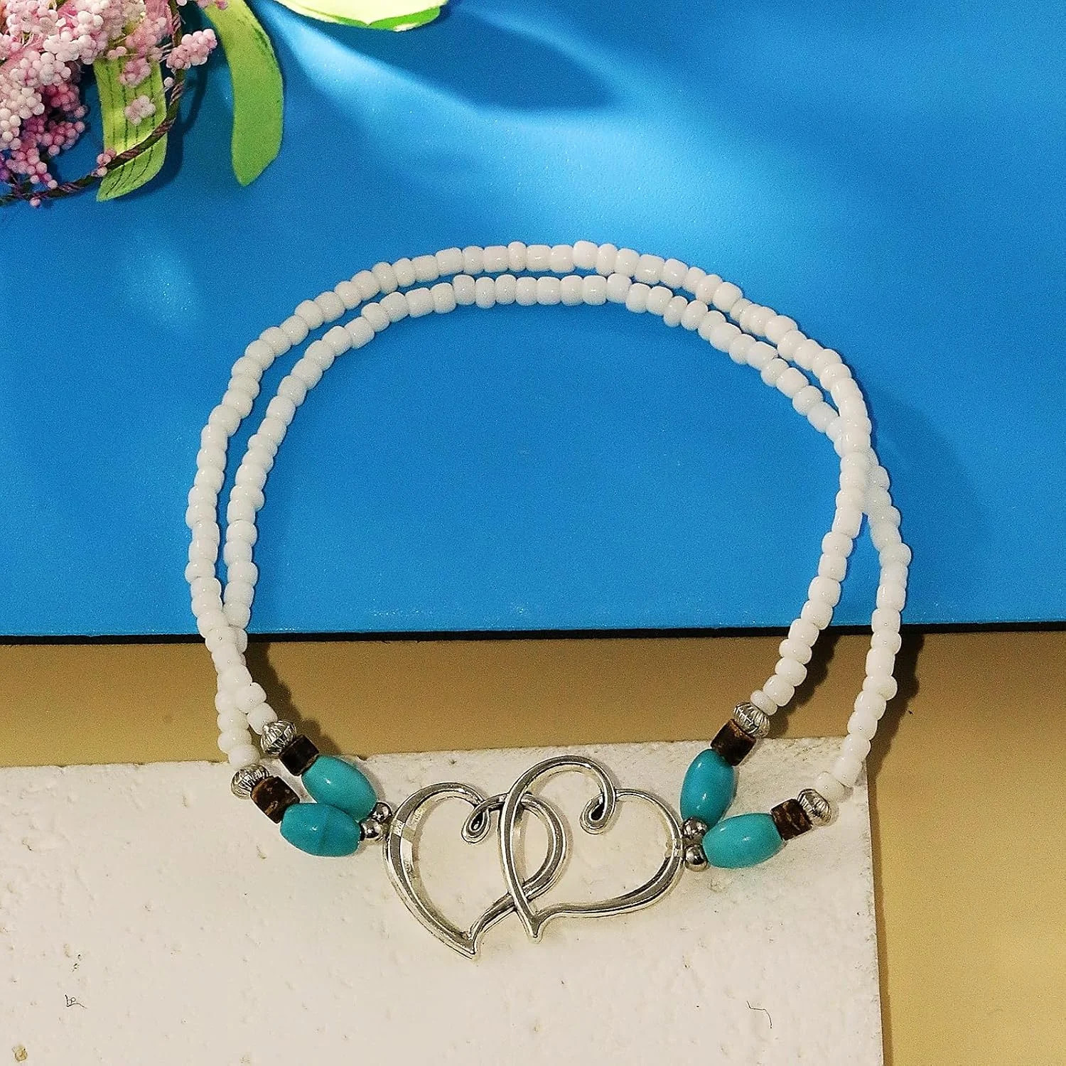 Elastic Beaded Ankle Bracelets for Women Double Heart Layered Stretch Ankle Brac