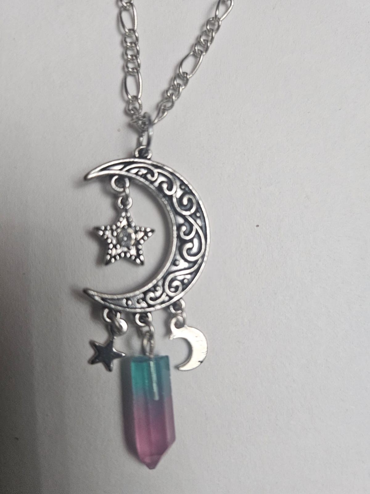 ​Silver Celestial Moon Star Necklace with Blue Purple Crystal Prism