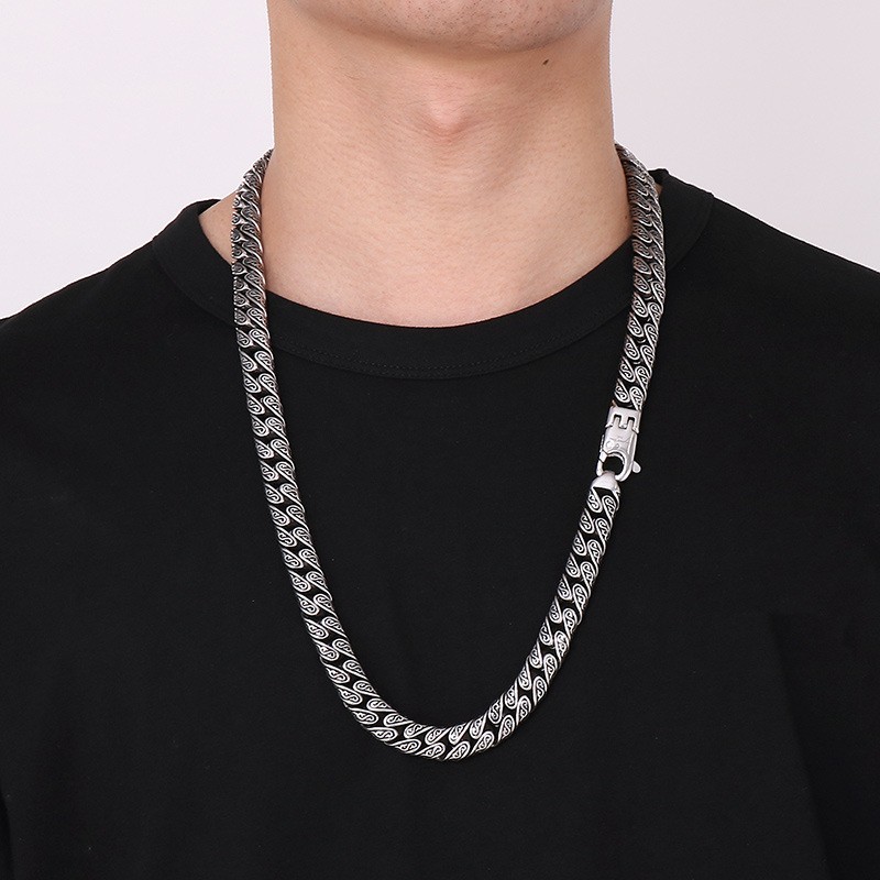 Men Vintage Distressed Silver Titanium Steel Necklace Bracelet Set Hip Hop Punk