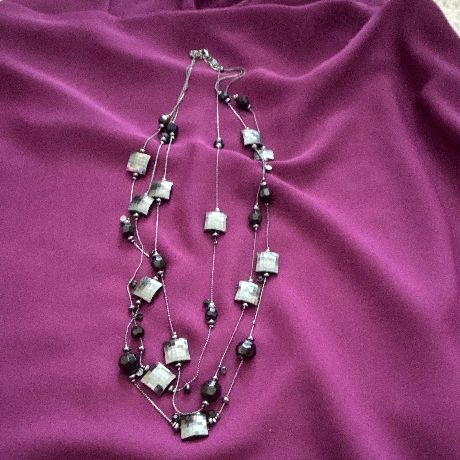 Multi-Strand Layered Beaded Necklace, Black/Gray Glass Beads, Silver Tone Wire
