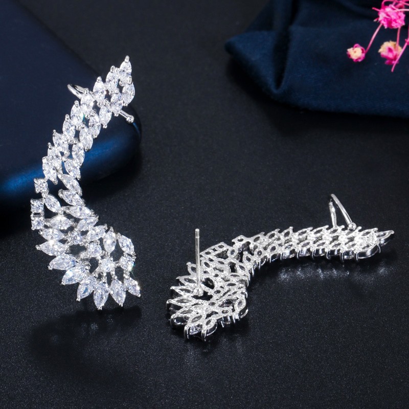 Silver Plated Cubic Zircon Symmetrical Stud Ear Cuff Climber Earrings for Women