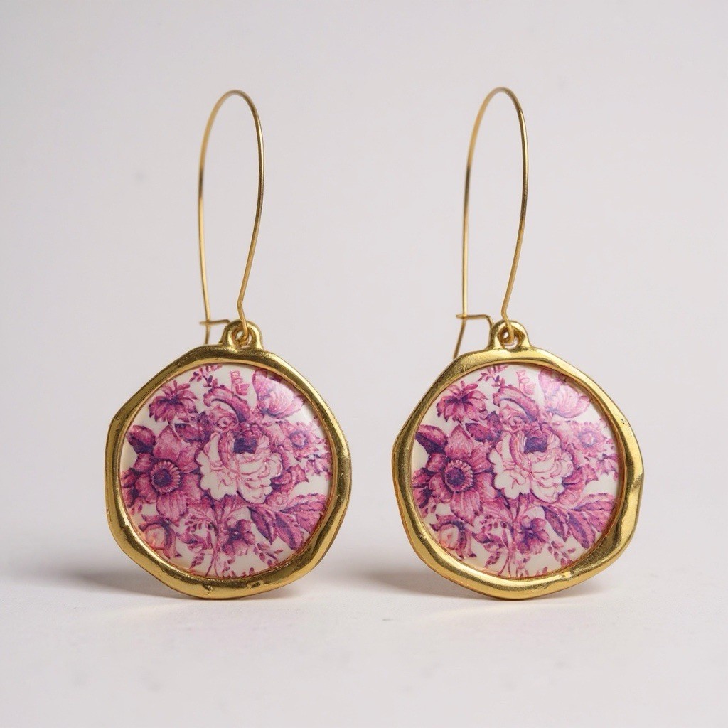 Anthropologie Flower Earrings Porcelain Ceramic Purple Gold Hoop 18k Tile Boho