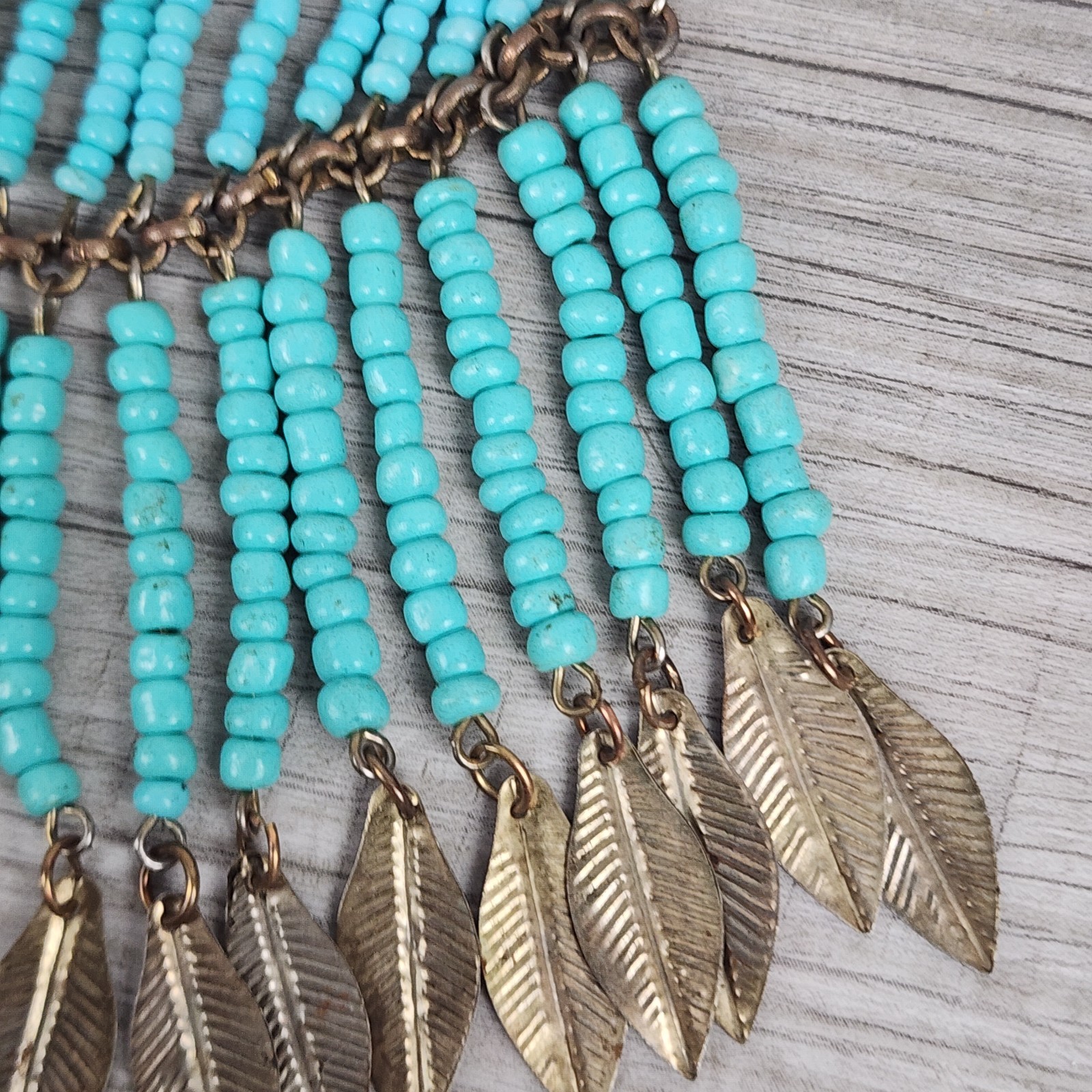 Vintage Turquoise Seed Bead Fringe Bib Necklace Leaves Charms Boho Tribal
