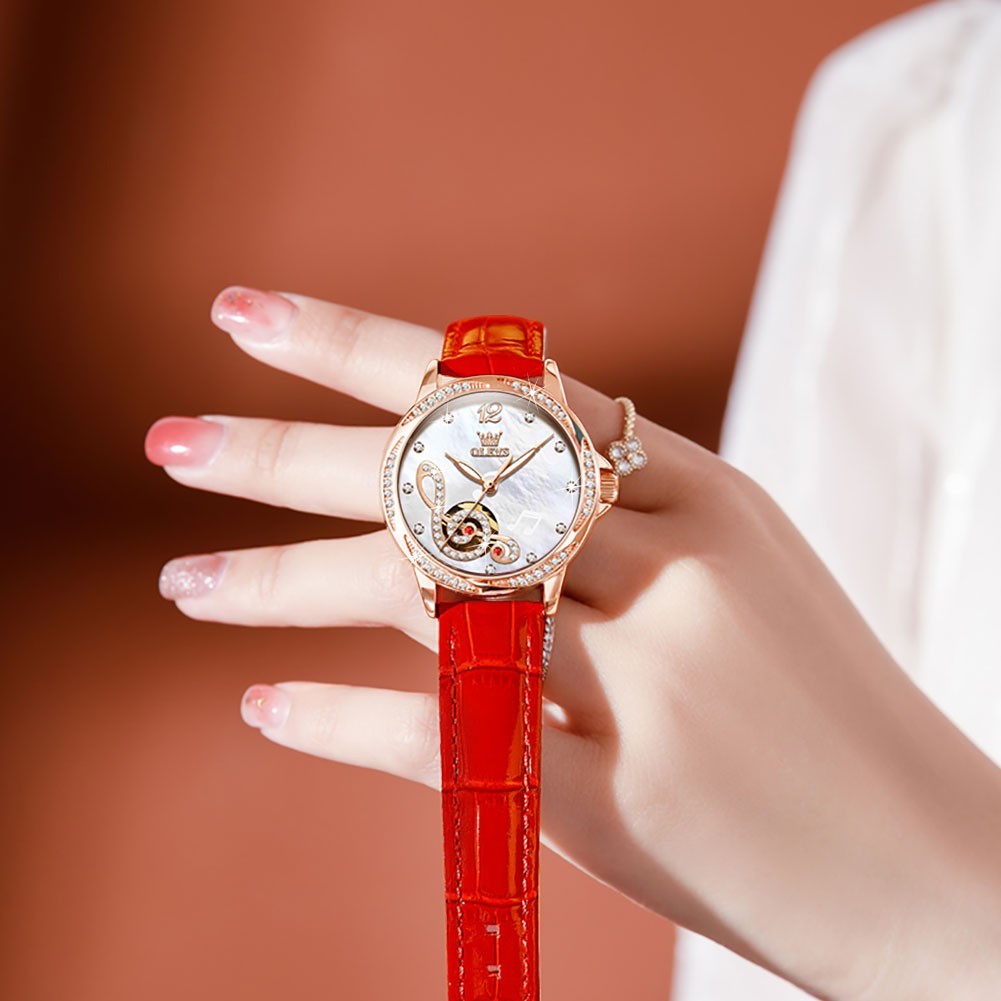 OLEVS 6656 Leather Ceramic Gear Superior Women Dress Mechanical Automatic Watch