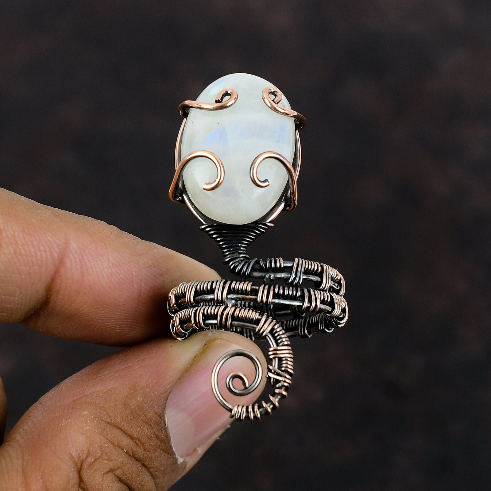 Rainbow Moonstone Copper Gift For Friend Wire Wrapped Promise Adjustable Ring