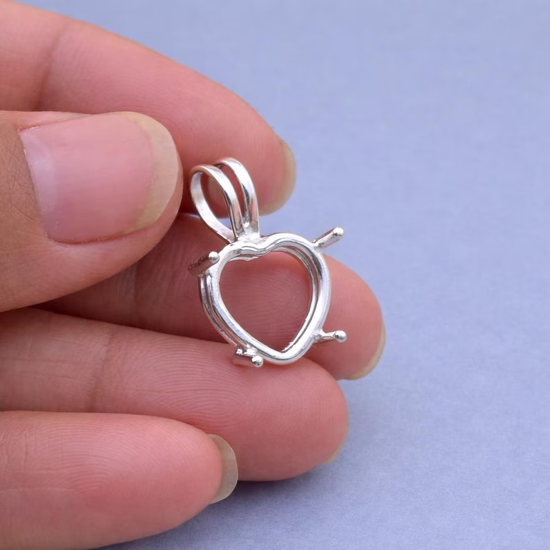 925 Sterling Silver 10mm Heart Prong Pendant Setting Pre-Notched Handmade