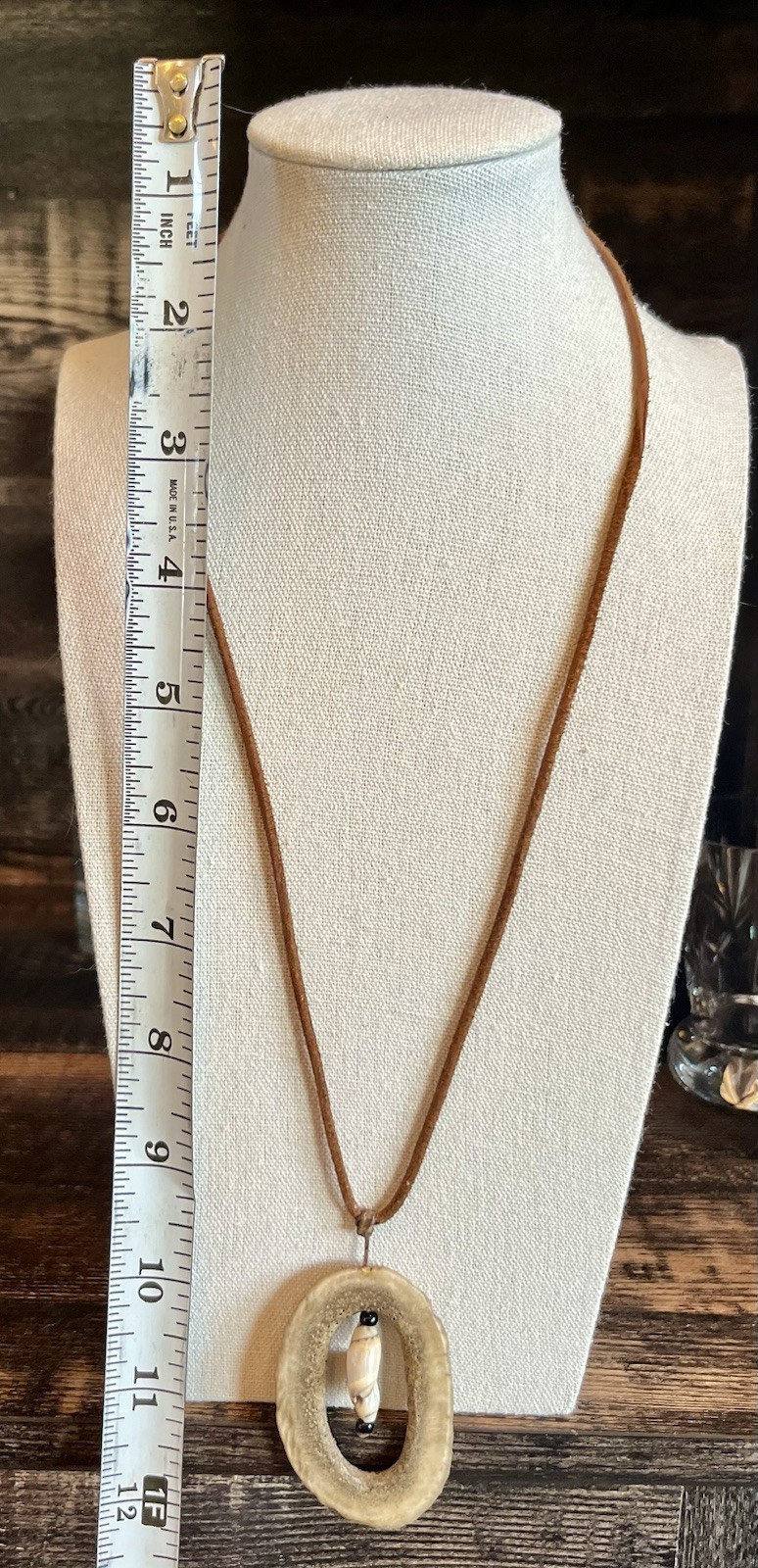 Vintage Deer Antler Slice Necklace Pendant With Hanging Shells Leather Cord