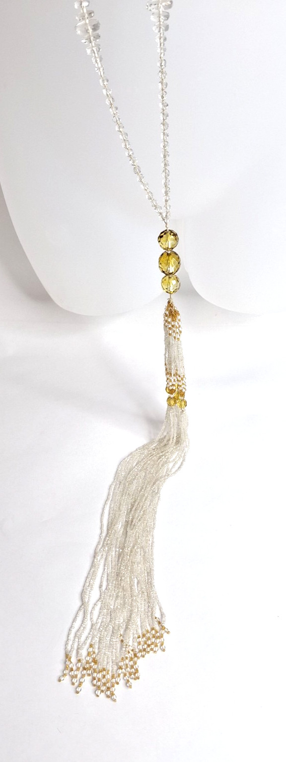 Vintage Glass Bead Sautoir Necklace Clear Flapper Art Deco Tassel Fringe 52”