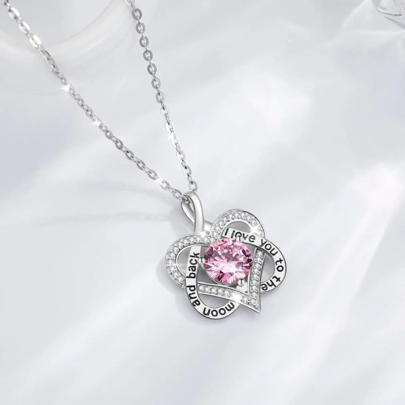 “I Love You To The Moon and Back” Heart Pendant Necklace With Pink CZ 18 Inch