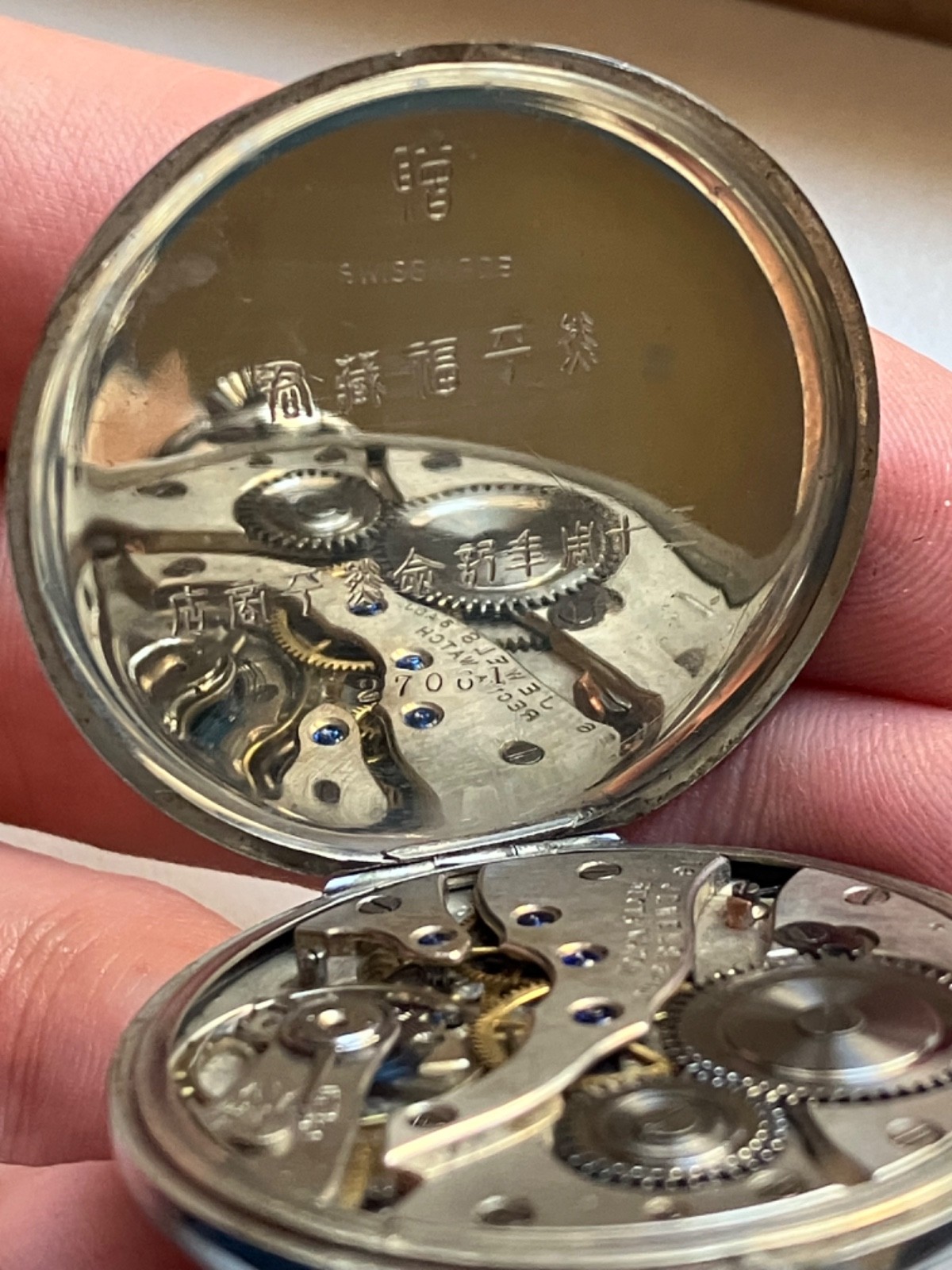 Recta Bienne &Geneve Vintage Pocket Watch BLUE JEWELS ! RARE! Works 23 Hours!
