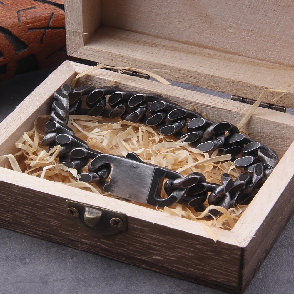 Vintage Black Stainless Steel Cuban Link Bracelet Men Hip Hop Gift Box