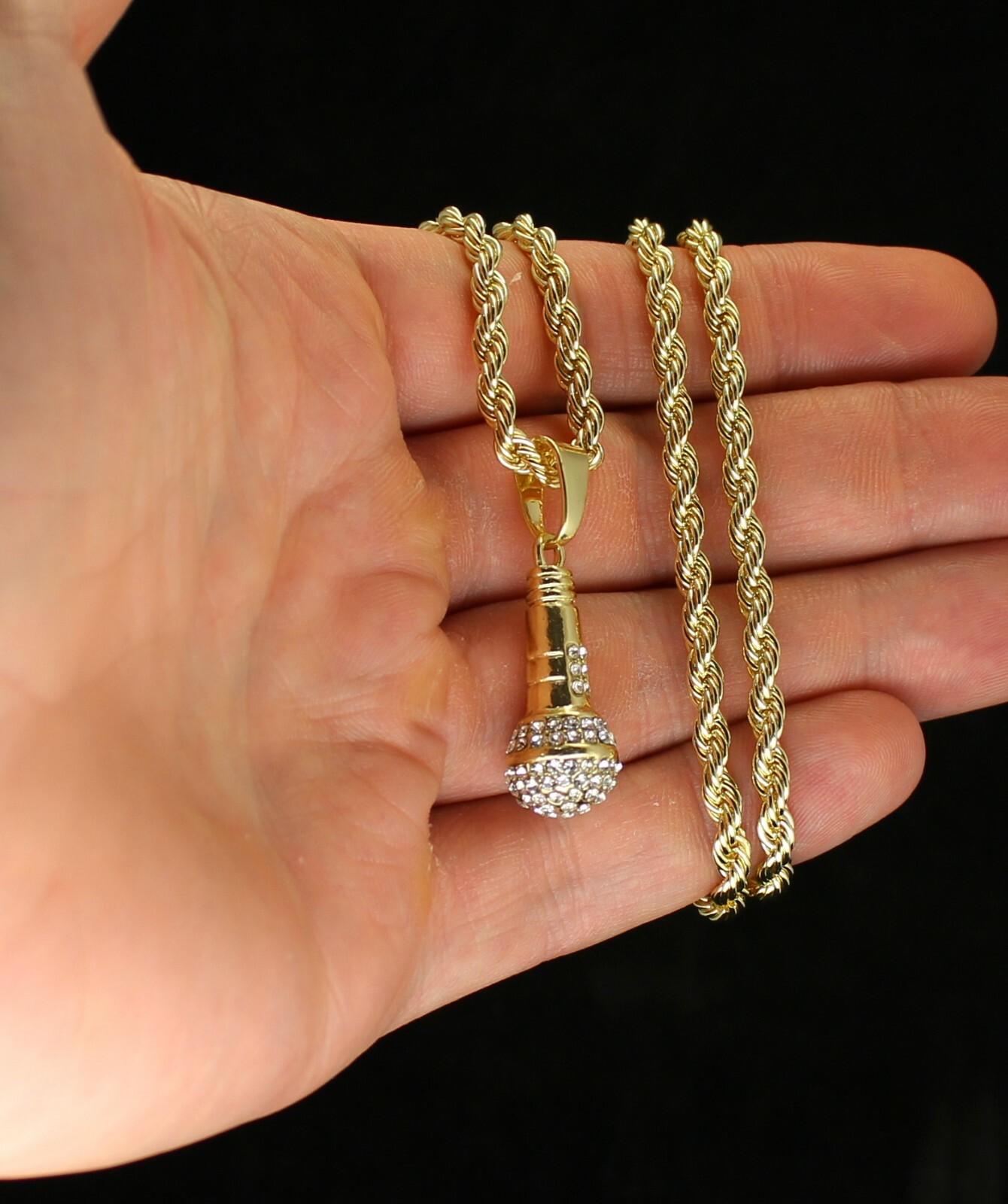 Iced Microphone Rhinestone Pendant 14k Gold Plated 24″ Rope Necklace Hip Hop