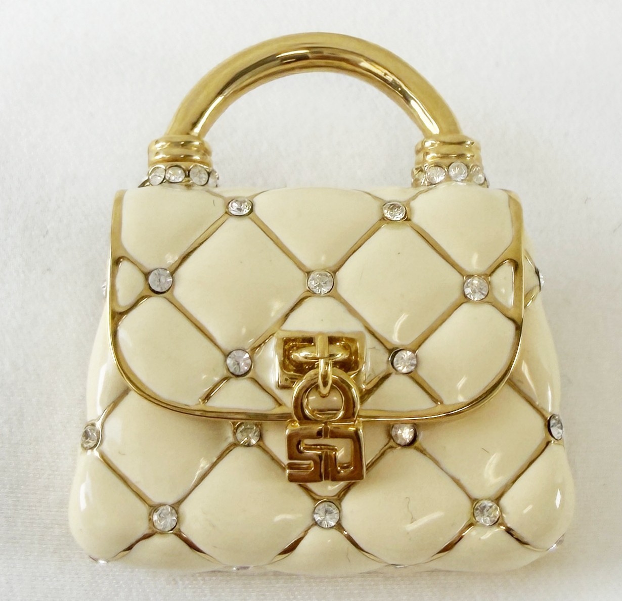 NEW ST. JOHN Handbag Mini Brooch Pin Ivory Enamel Crystals 24KGP Logo Enhancer