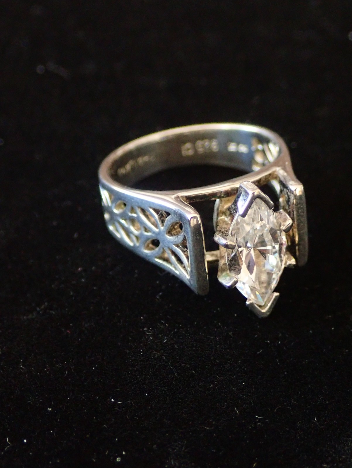 DIAMONIQUE 925 Sterling Silver Ring, Size 7, PIERCED, MARQUISE CZ