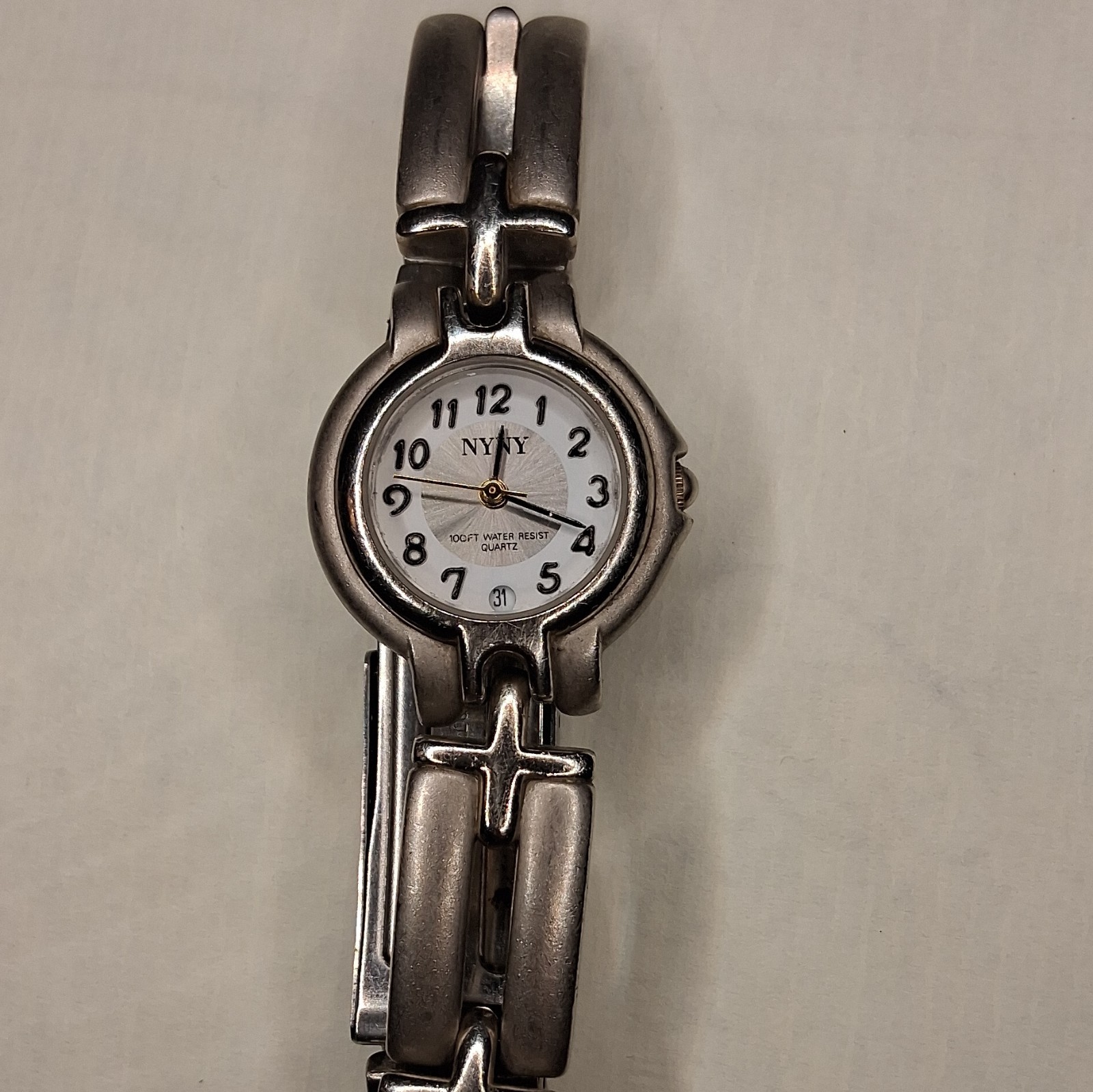 NYNY Women’s Quartz Analog Watch Silver Stainless Bracelet 100ft Date Arabic