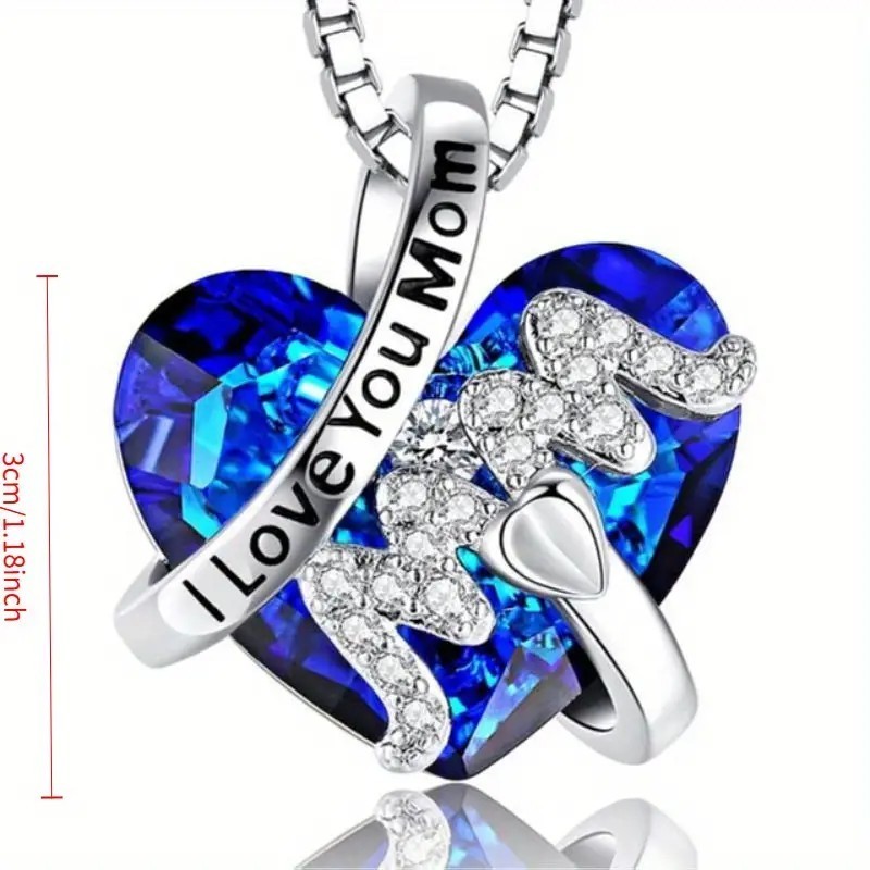 Heart Mom Pendant Necklace I Love You Mom Blue Crystal Silver Jewelry Gift