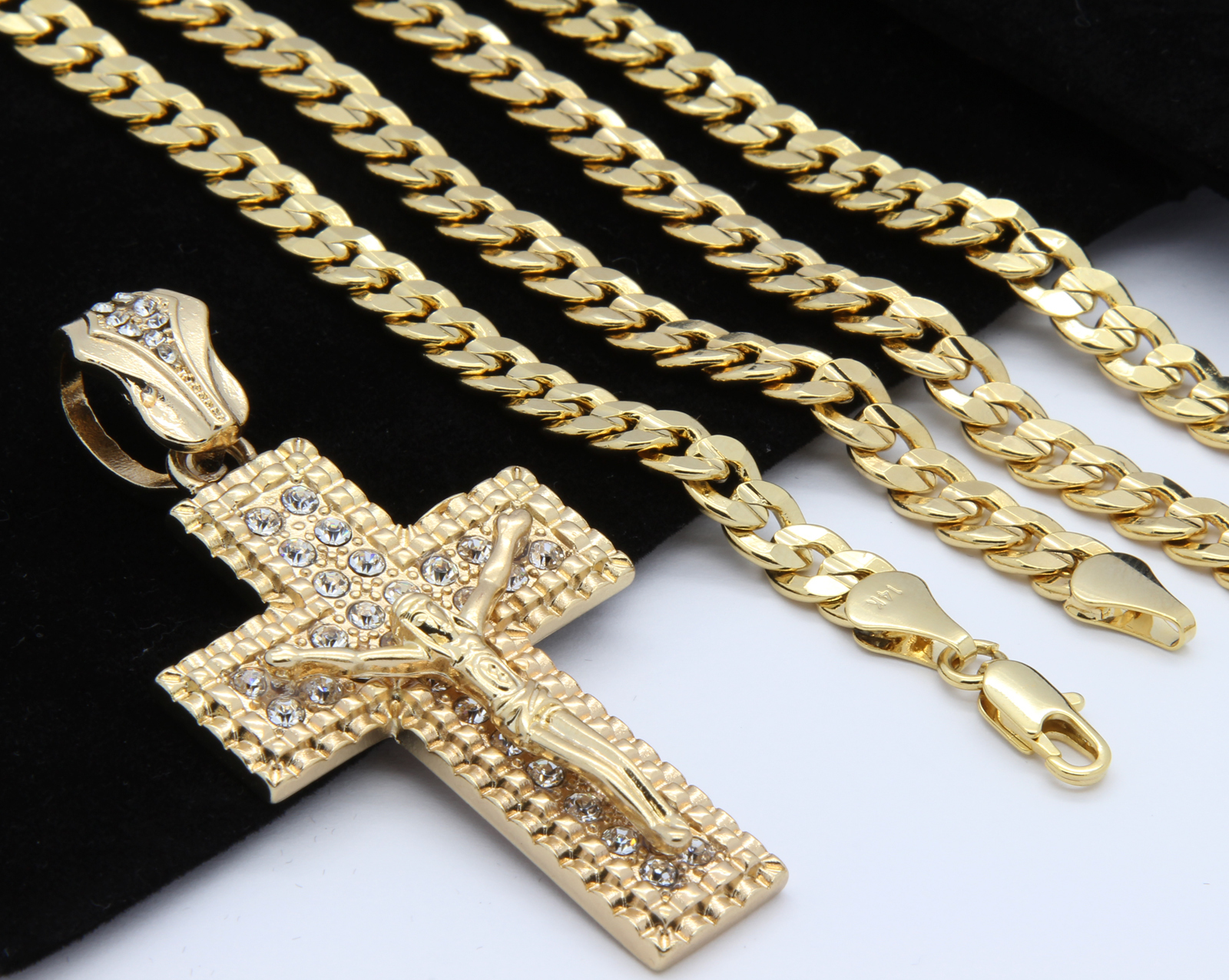 14k Gold Plated Jesus Cross Pendant Cubic Zirconia Hip-Hop 24″ Cuban Chain M1