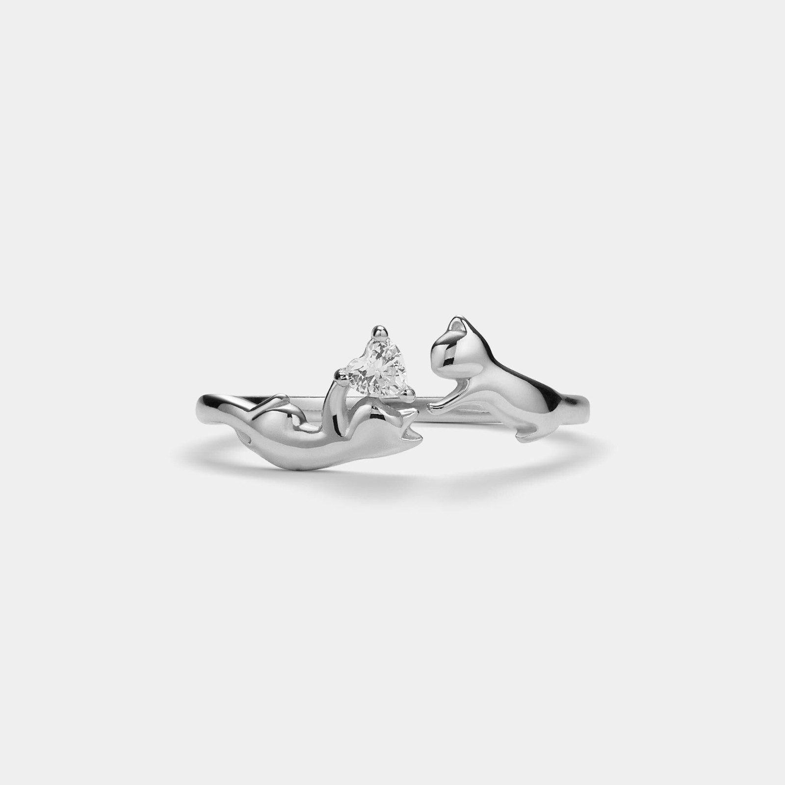 Dainty Cat Heart Stone Stacking Bypass Ring in 925 Sterling Silver