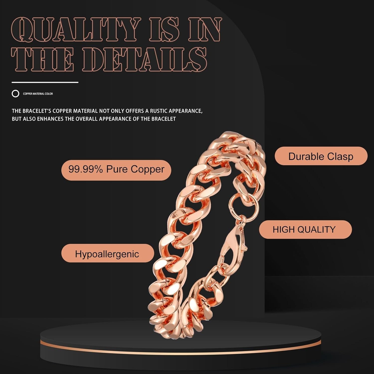 Pure Solid Copper Bracelet Arthritis Cuban Chain Link Rider Bracelet 7.5 INCH