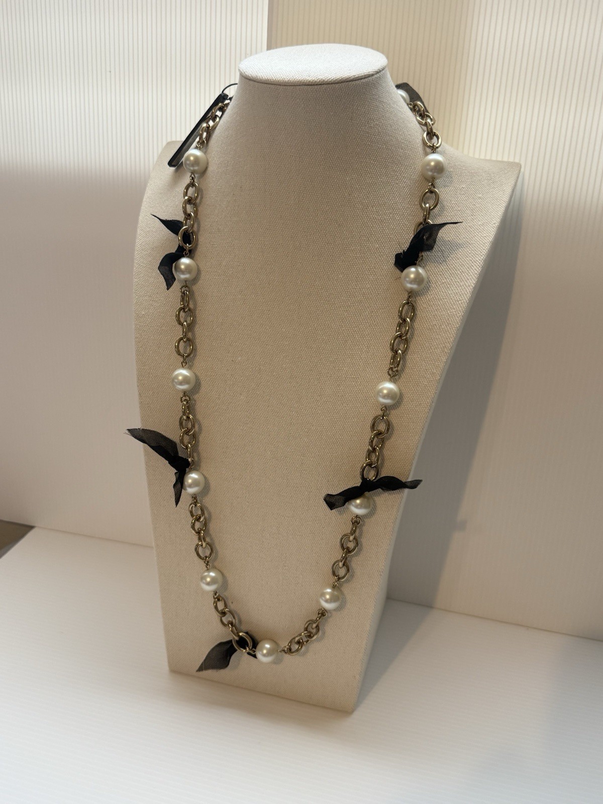 90’s Ann Taylor NWT Statement Necklace Chain Pearl Ribbon Heavy Chunky 33.5” L