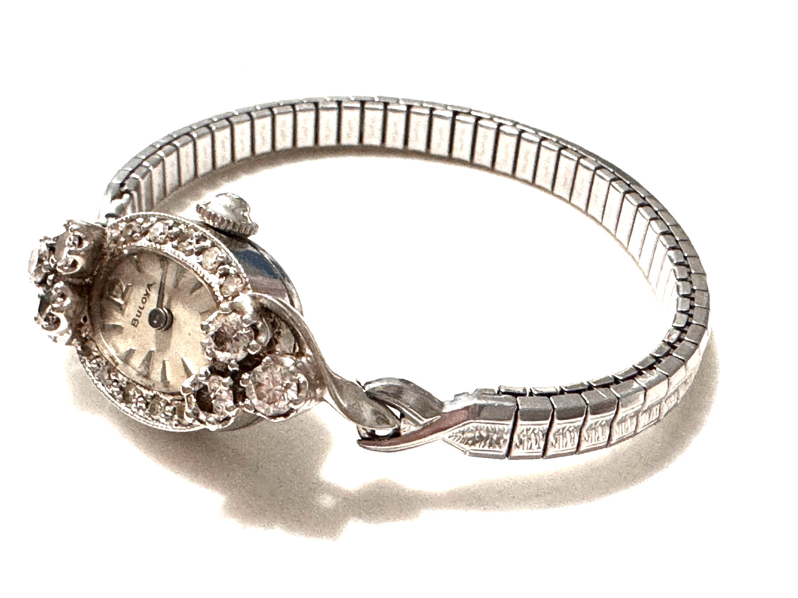 Vintage Bulova 14K White Gold Ladies Watch – Six Diamond Bezel, Speidel Band