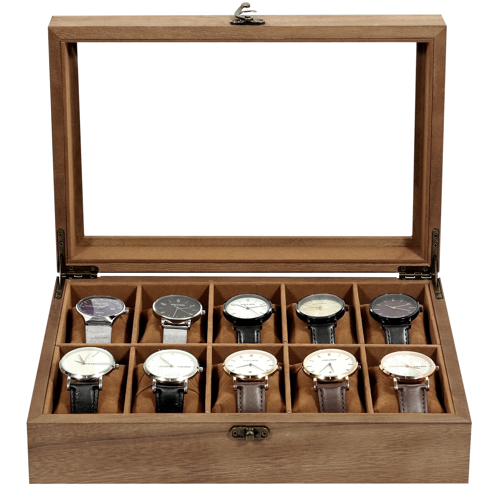 10 Slots Watch Box Wooden Jewelry Organizer Display Case with Glass Lid Gift