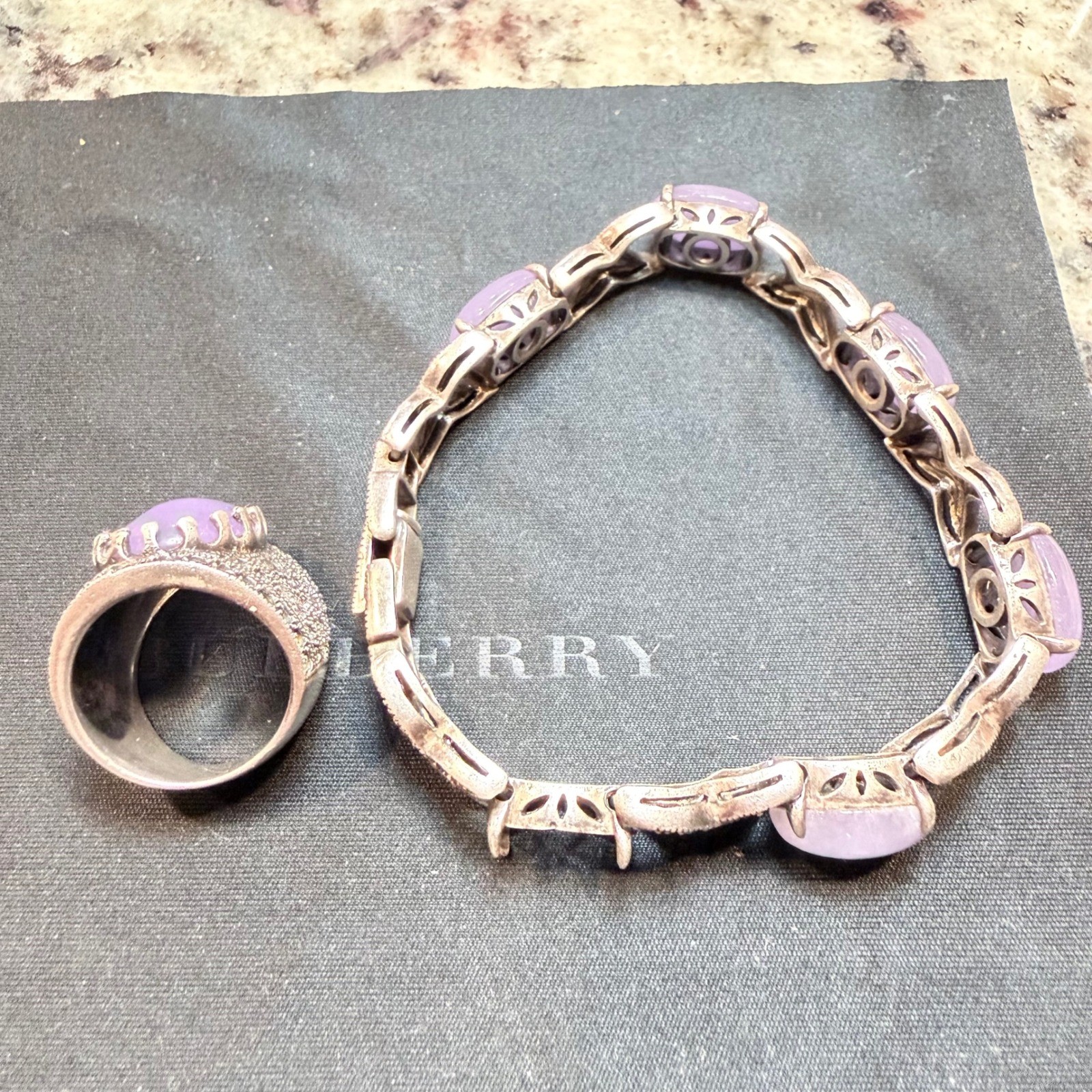 Vintage 925 Sterling Silver Marcasite Lavender Jade Ring and Bracelet Set 39g