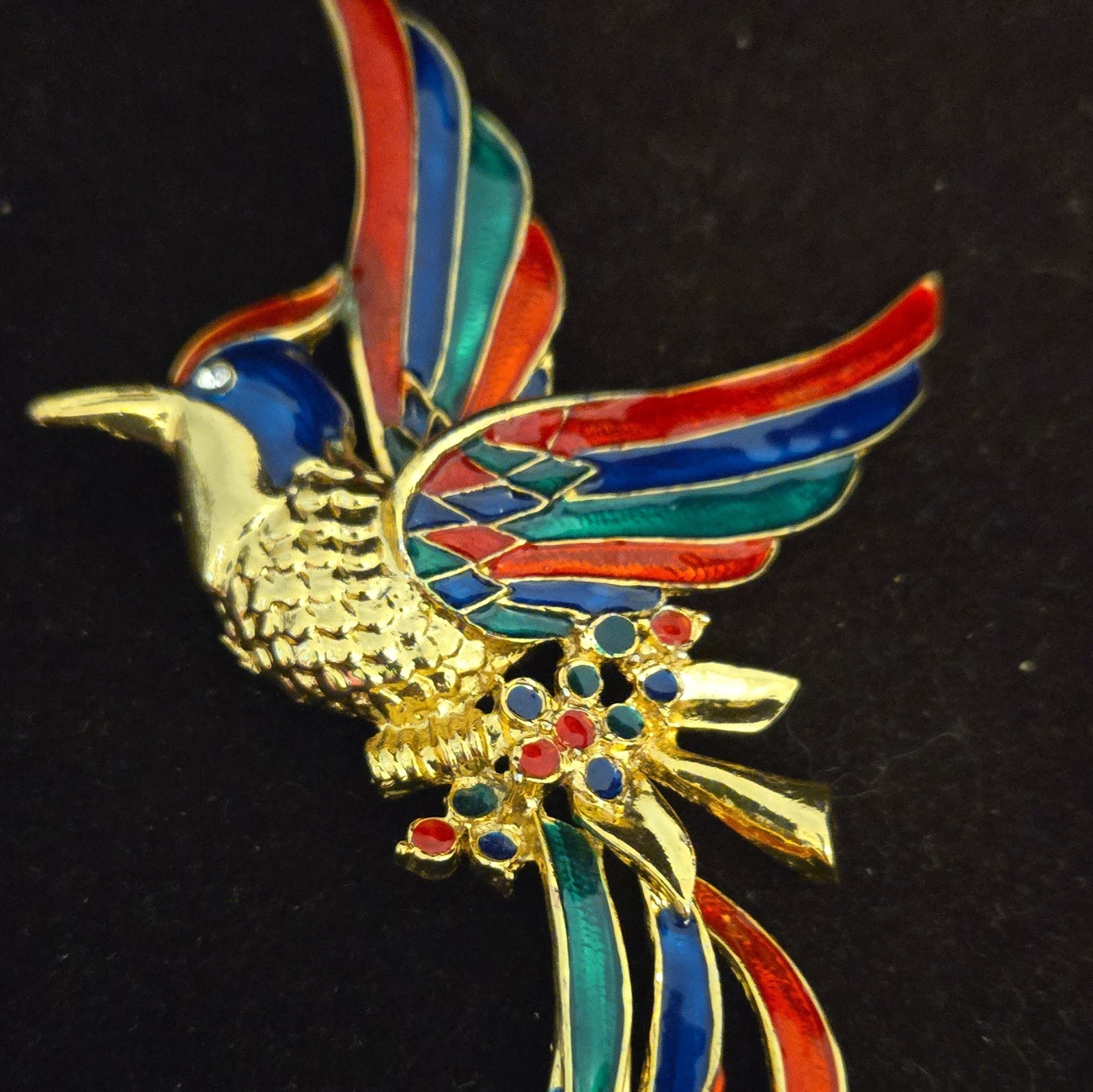 Vintage Style Enamel Bird of Paradise Brooch Pin Colorful Rhinestone Gold Tone