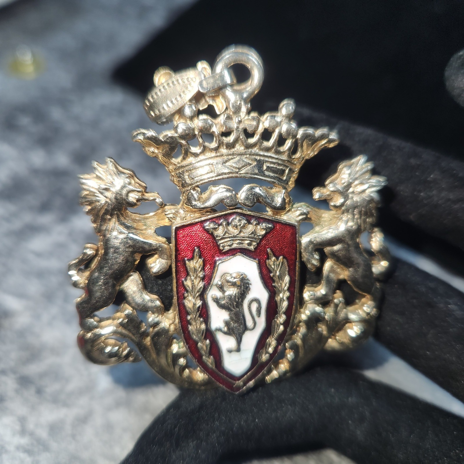Vintage Heraldic Crest Lion Gold Tone Red White Enamel Coat of Arms Crown charm