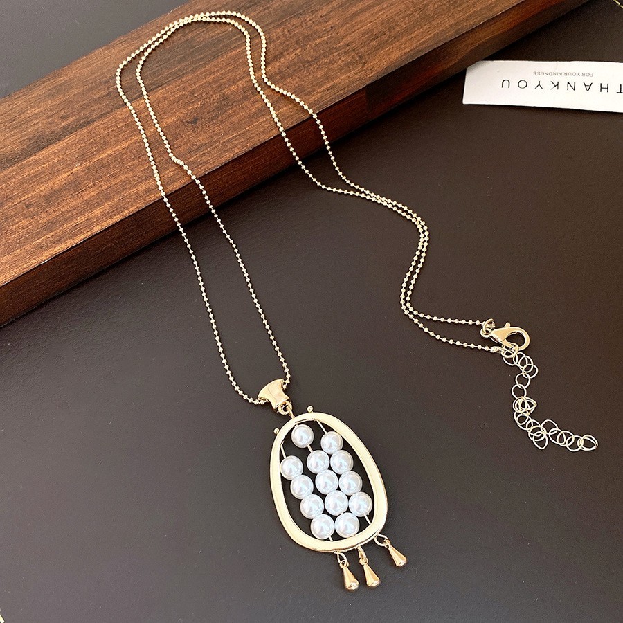 Vintage Simulated Pearl Oval Pendant Necklace Long Chain Tassel Jewelry Women