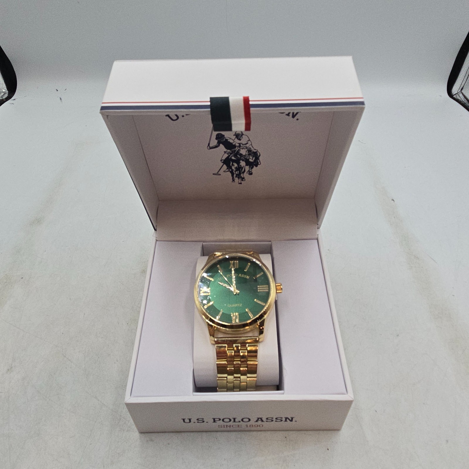 U.S. Polo Assn. Gold Tone Quartz Wristwatch Green Dial Analog in Original Box
