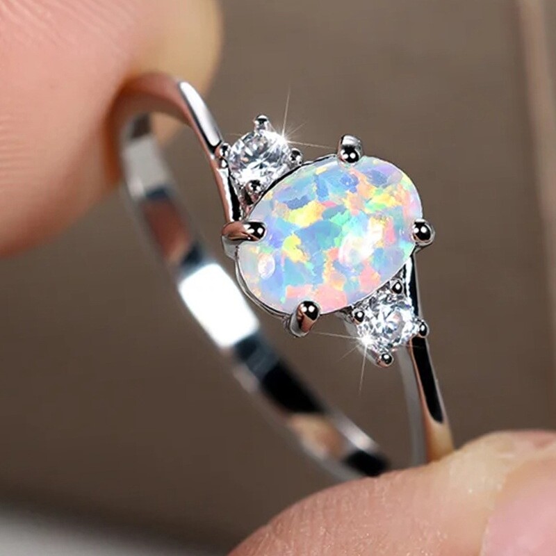 Sterling Silver Plated Promise Engagement Wedding Opal CZ Zirconia Ring R68
