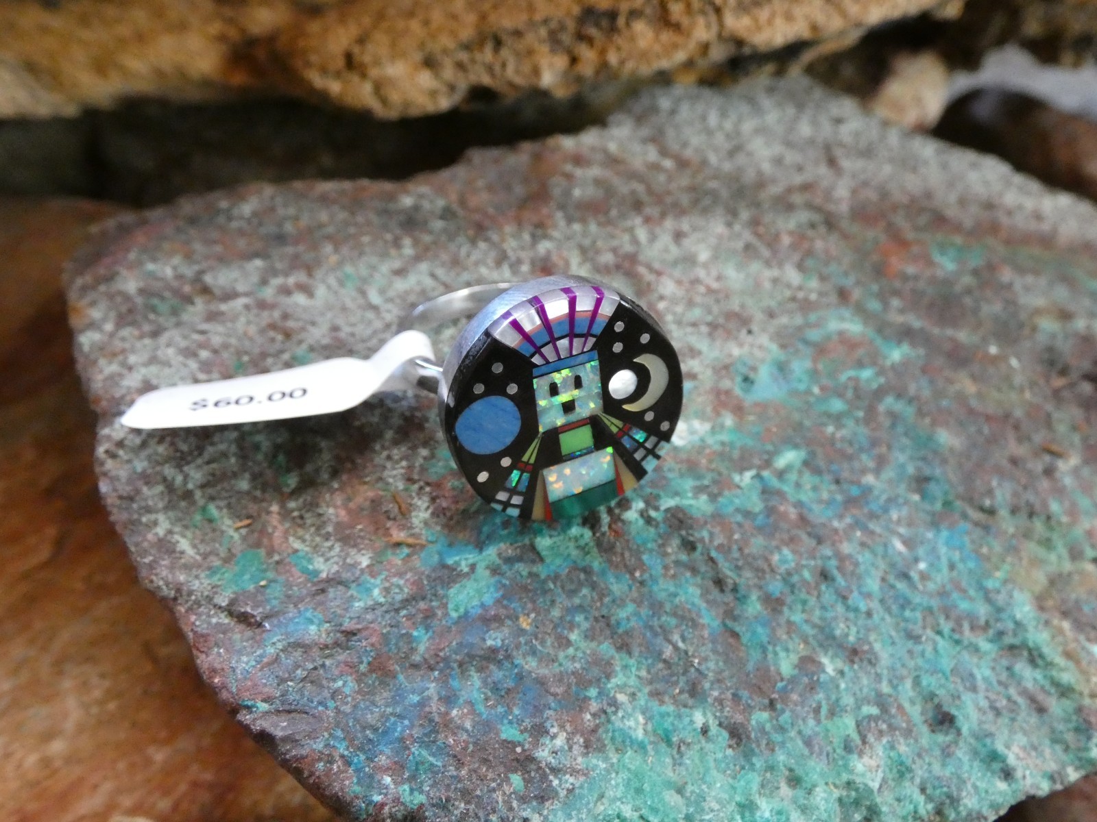 Kachina Micro Inlay Gemstone Aluminum Sterling Silver Alloy Size 10 Ring AS79