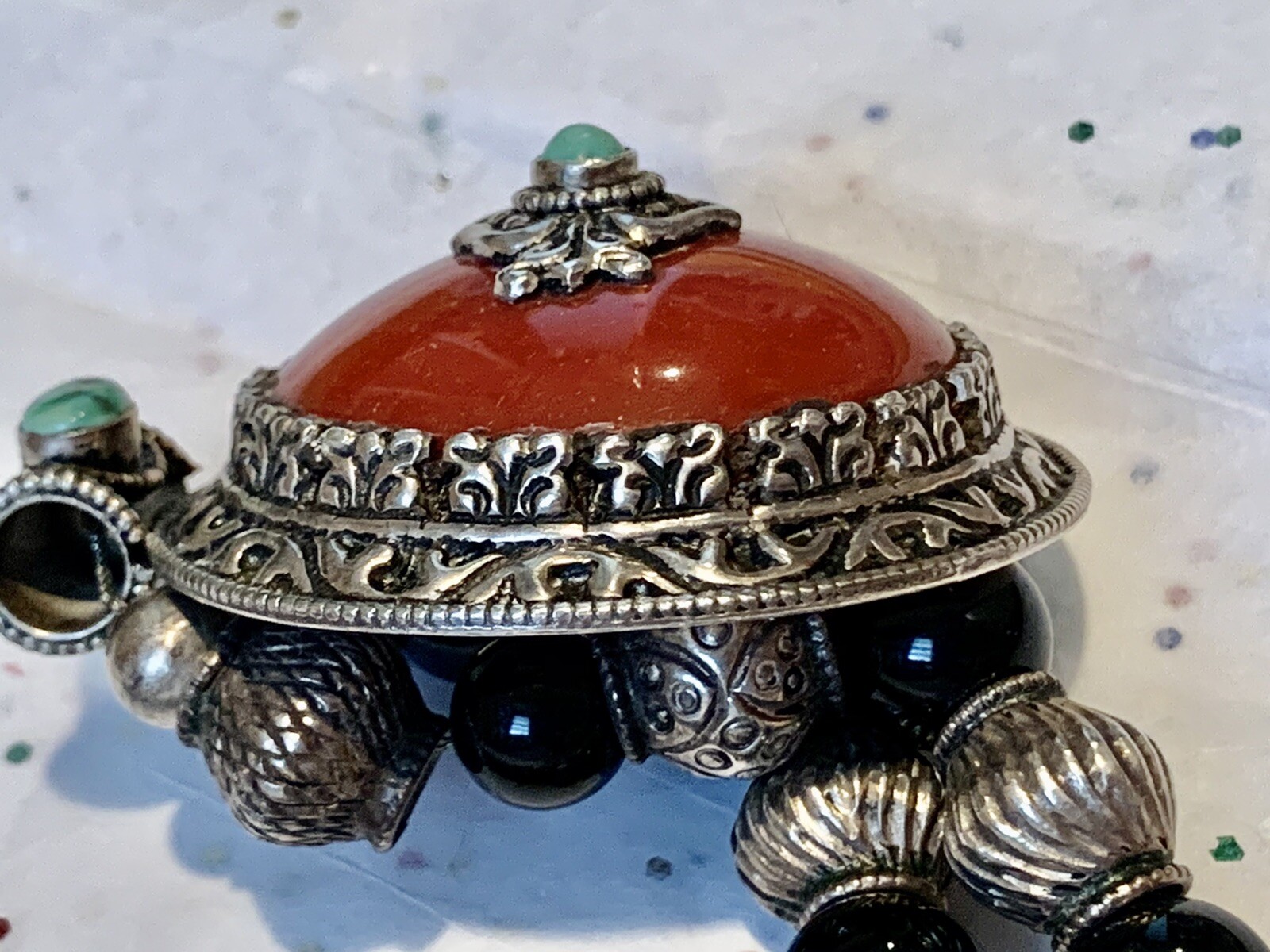 SALE! Antique Vintage Sterling Silver Turquoise Coral Onyx Beaded Necklace -140g