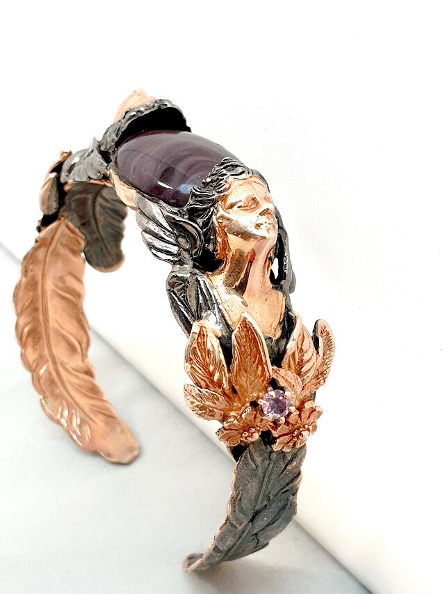 Rare Medusa Bracelet Sterling Silver 925 Rose Gold with Agate & Amethyst 1960